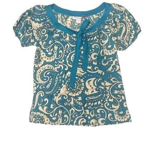 Lily Stanhope 100% Linen Turquoise and Beige Paisley Short Sleeve Blouse with Fr - Picture 1 of 10